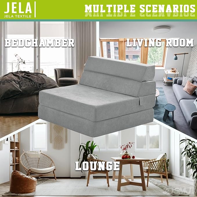 jela Foldable Sofa Bed Soft Foam Convertible Sleeper Chair Luxury Miss Fabric Fold Out Chair Bed Floor Couch with Back Support Floor Sofa for Living Room Bedroom (83"x33",Light Grey)-Ruum Studio Home