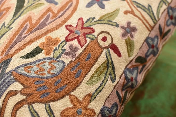 Tree of Life Pillow Cover - Crane Cream Floral Outdoor Pillows | Suzani Cushions | Modern Floral Cushion Hand Embroidered Shams Wool Size - 18x18-Ruum Studio Home