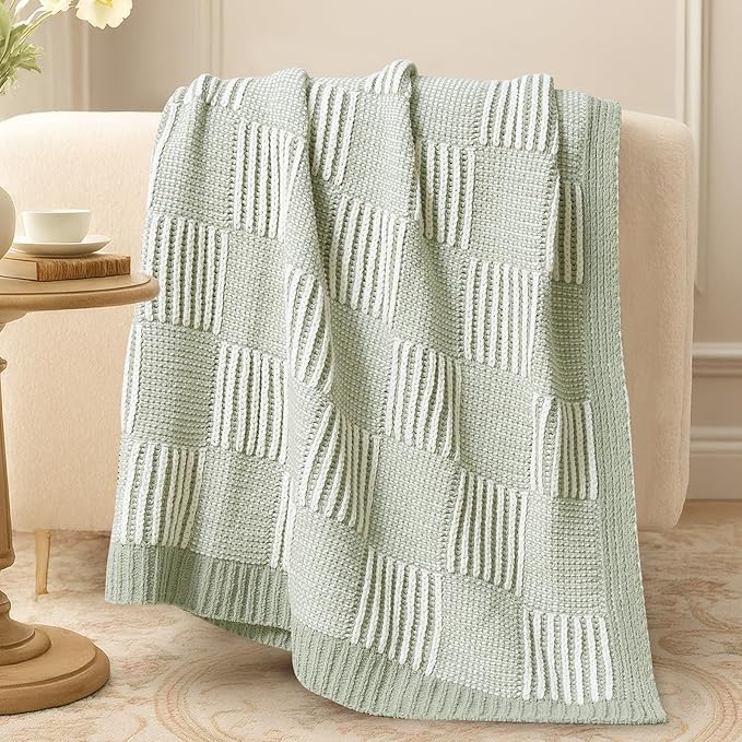Amélie Home Chenille Knit Throw Blanket for Couch, Checkered Texture Decorative Soft Blanket for Sofa, Bed & Living Room, 50"x60", Sage Green & White-Ruum Studio Home