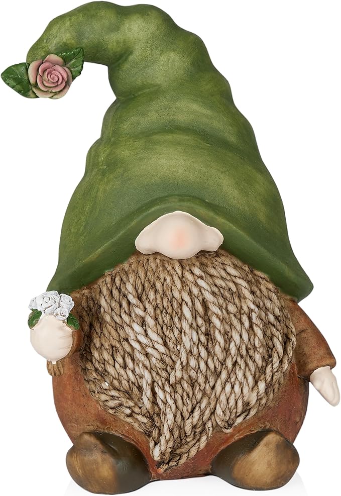 Alpine Corporation QWR1442 Outdoor Gnome with Green Hat Holding a Flower for Garden, Patio, and Lawn, 10" H, Multicolor-Ruum Studio Home