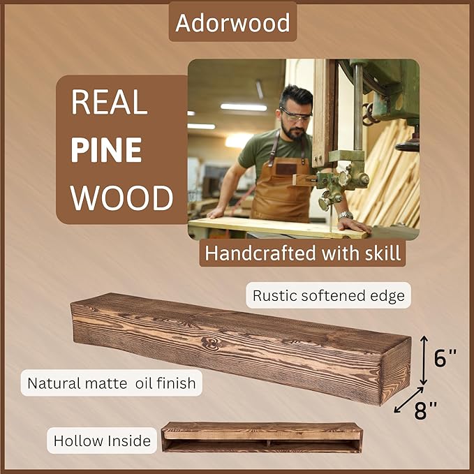 Handmade Fireplace Mantel Shelf 48", Extra Wide Rustic Wood Mantles for Over Fireplace, Wall Mounted Floating Mantel Shelves for Living Room Decor (Dark Rustic, 48Lx6Hx8D)-Ruum Studio Home