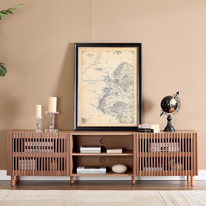 Bonzy Home 70" Mid Century Modern TV Stand, TV Console for TV up to 75", Slatted Entertainment Center with Storage and Open Shelves for Living Room, Bedroom, and Media Room-Ruum Studio Home