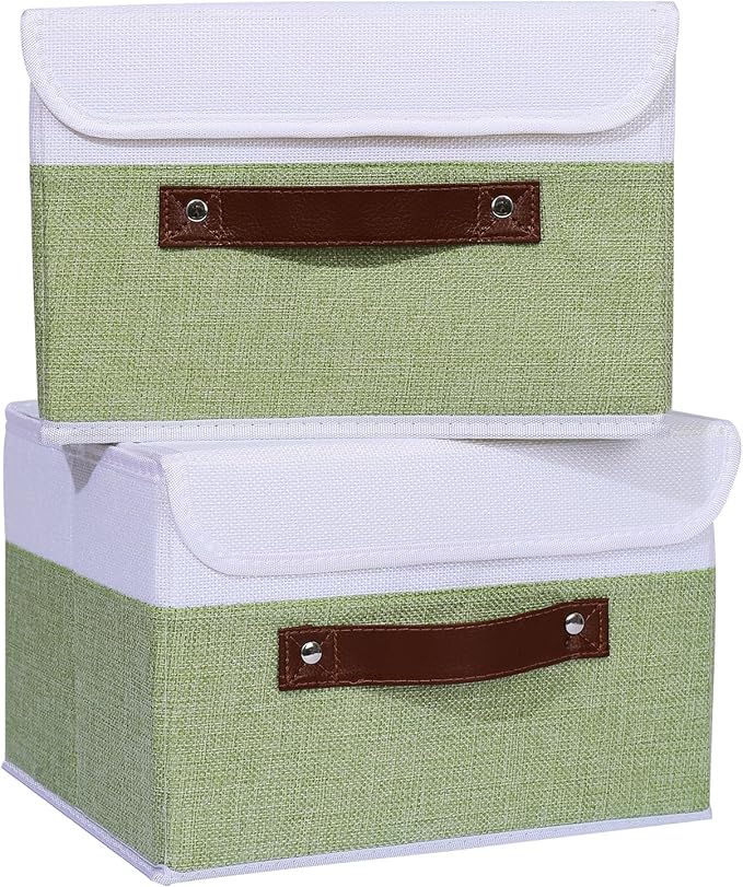 ANMINY 4PCS Storage Boxes with Lid Washable Decorative Storage Bins Basket with PU Leather Handle Foldable Linen Fabric Storage Cubes Containers for Home Closet Organizer - Green White, Small Size-Ruum Studio Home