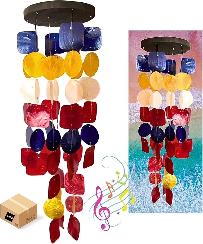 Bellaa 24872 Wind Chimes Outdoor, Garden Decorations, Musical, Indoor/Outside Windchimes, Beach, Ocean Breeze, Gifts for Mom, Gift for All Occasions, Sea Glass Shells Wood Red Blue Yellow White-Ruum Studio Home