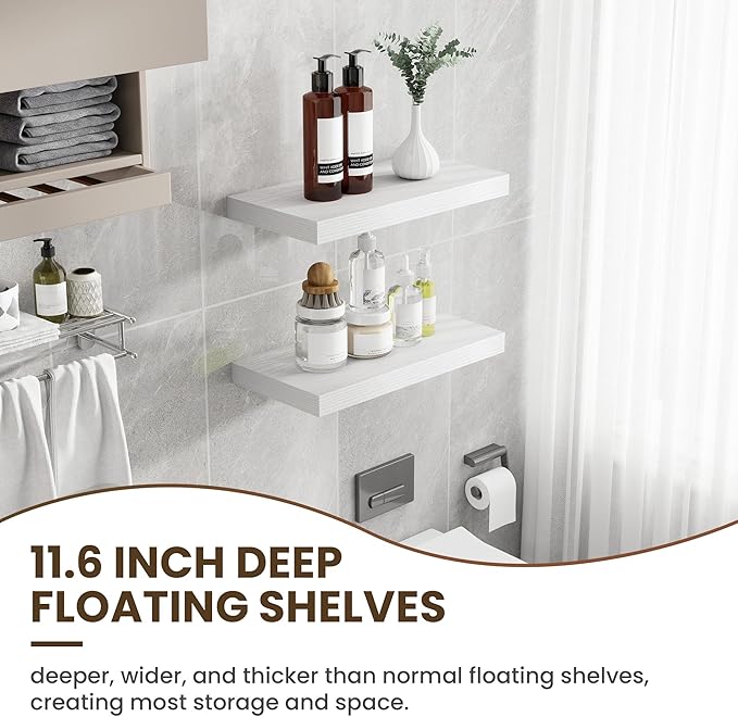 24 Inch Floating Shelves, 12 Inch Deep Floating Shelves for Wall, Floating Shelf with Invisible Brackets, Deep Shelves for Bathroom, Bedroom, Living Room, 2 Pack, White-Ruum Studio Home