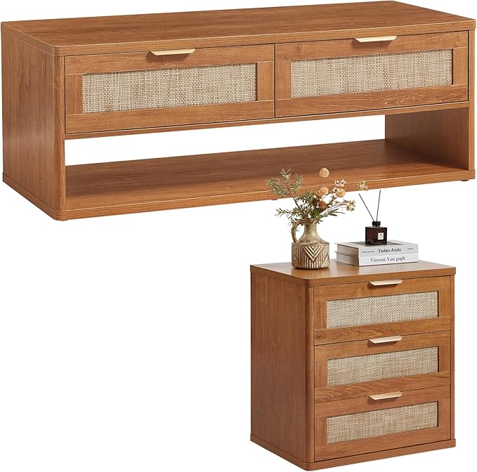 LEYAOYAO Boho Rattan Coffee Table and End Table Sets, 48" Wide Center Tables & 23" Night Stand with 3 Drawers, Brown Wood Coffee Table for Living Room 2 Piece Set-Ruum Studio Home