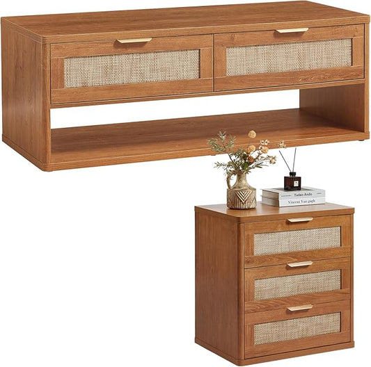 LEYAOYAO Boho Rattan Coffee Table and End Table Sets, 48" Wide Center Tables & 23" Night Stand with 3 Drawers, Brown Wood Coffee Table for Living Room 2 Piece Set-Ruum Studio Home