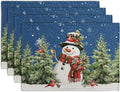 Blue Snowman Christmas Placemats Set of 4 Xmas Tree Cardinal Snowflakes Linen Table Mats Seasonal Winter Holiday Place Mats Washable Placemat for Party Kitchen Dining Outdoor Indoor Decor-Ruum Studio Home