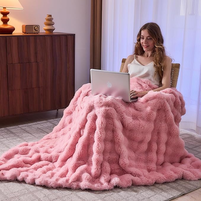 Lotus Karen Faux Fur Throw Blanket Pink - Big Bubble Rabbit Fluff Blanket for Couch, Small Fluffy Fuzzy Cozy Blanket,Thick Furry Plush Shaggy Blankets,50x60 Inches-Ruum Studio Home