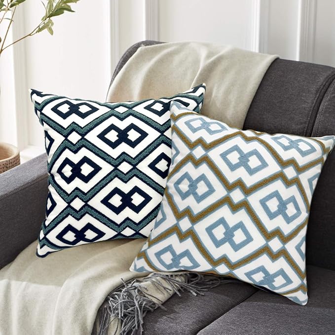 Alysheer Embroidered Decorative Throw Pillow Cover 18"x 18" Set of 2, Classic Boho Geometric Embroidery Pattern Cotton Rectangular Cushion Case for Sofa Couch Living Room Bedroom (Blue Khaki)-Ruum Studio Home