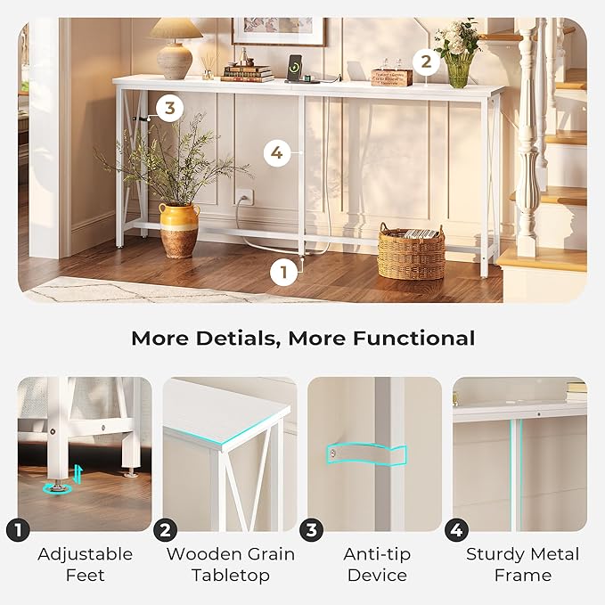 SUPERJARE 70 Inch Console Table with Outlets and USB-C Port, Extra Long Behind Couch Sofa Table with X-Shaped Design, Narrow for Entryway, Living Room, Metal Frame, Wooden Top, White-Ruum Studio Home