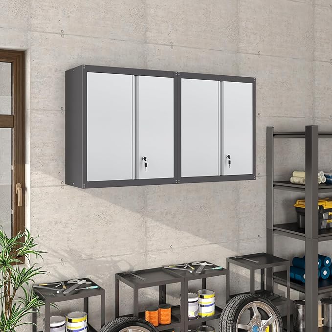 Metal Wall Cabinet,Locking Cabinet with Shelves,Wall Mounted Storage Cabinet1 for Basement,Home,Garage,Gray-Ruum Studio Home