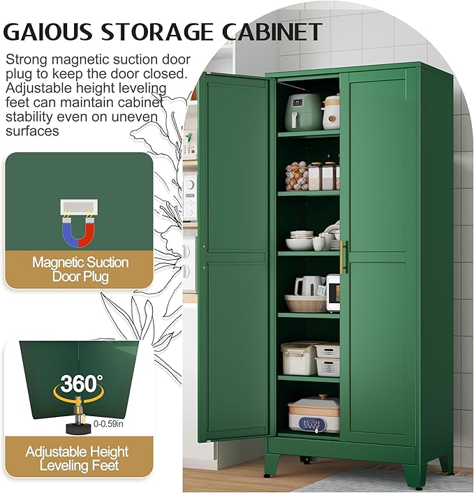 75.2" Tall Kitchen Food Pantry, Pantry Cabinet with 2 Door and 5 Adjustable Shelves, Green Laundry Room Cabinets, Freestanding Pantry for Kitchen, Study Room, Dining Room and Entryway-Ruum Studio Home