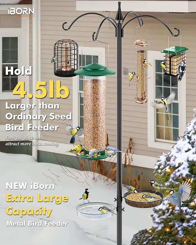 iBorn Metal Bird Feeder for Outside Hanging,Wild Bird Feeders for Cardinal,18cm Large Roof&Green,42CM Long,4.5lb High-Capacity(Seed is not Included)-Ruum Studio Home