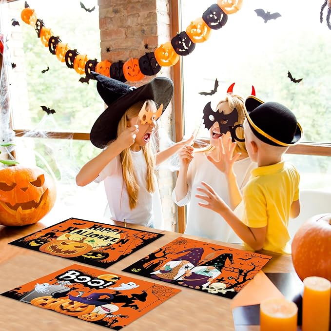 Plastic Placemats Set of 6 Halloween Table Mats - Trick or Treat Kitchen Decor - Wipe Clean, Washable, Recyclable - Orange Place Mats for Indoor/Outdoor - Heat Resistant - Kitchen/Dining Table-Ruum Studio Home