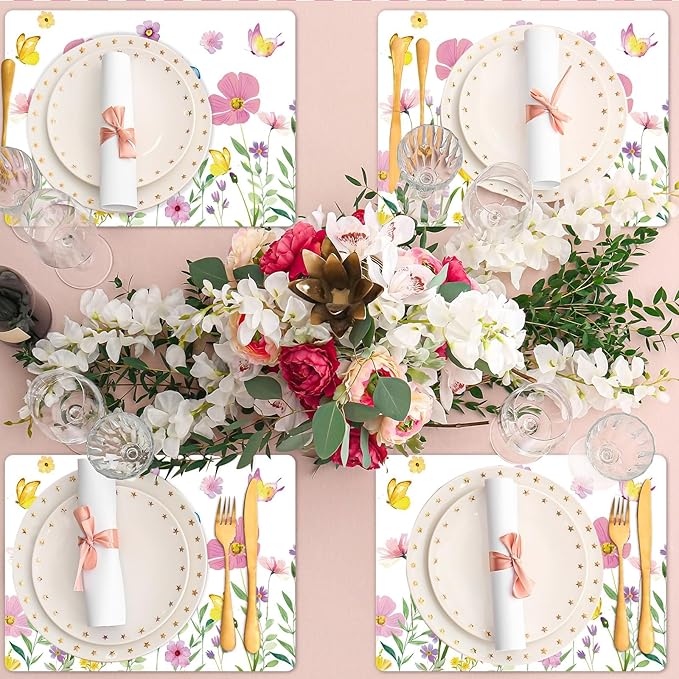Spring Floral Butterfly Placemats Set of 6 Flower Summer Plastic Table Mats Wildflower Place Mats Washable Vinyl Rustic Holiday Table Decoration for Indoor Outdoor Party Kitchen Dining-Ruum Studio Home