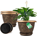10 Inch Flower Pots Planters for Indoor Outdoor Plants, 3 Pack Plastic Large Plant Pots with Drainage Hole & Tray, Modern Decorative Garden Pot with Saucer, Plant Container for House-Ruum Studio Home