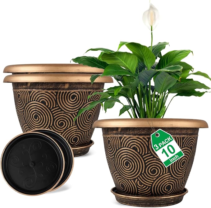 10 Inch Flower Pots Planters for Indoor Outdoor Plants, 3 Pack Plastic Large Plant Pots with Drainage Hole & Tray, Modern Decorative Garden Pot with Saucer, Plant Container for House-Ruum Studio Home