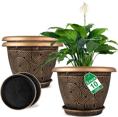 10 Inch Flower Pots Planters for Indoor Outdoor Plants, 3 Pack Plastic Large Plant Pots with Drainage Hole & Tray, Modern Decorative Garden Pot with Saucer, Plant Container for House-Ruum Studio Home