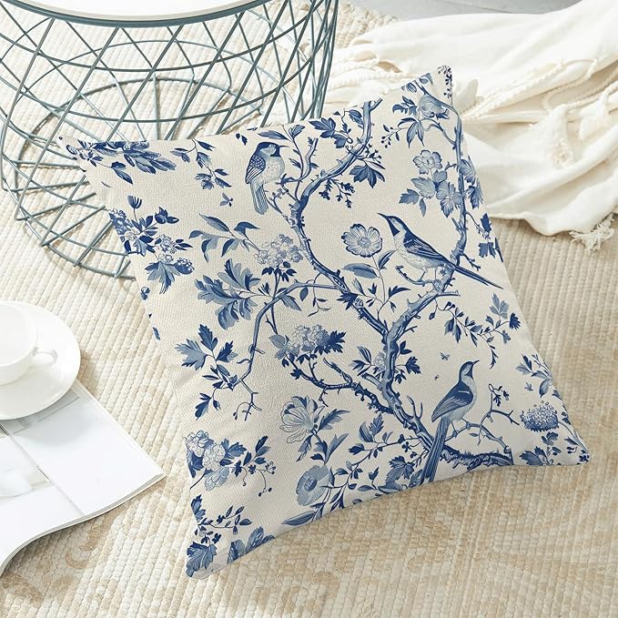 CXMEIFLY Spring Floral Pillow Covers 18 x 18 Inch Set of 2 for Navy Blue Chinoiserie Flowers Bird Decor Throw Pillows Vintage Plant Outdoor Decorative Cushion Cases for Couch Bed Decorations-Ruum Studio Home