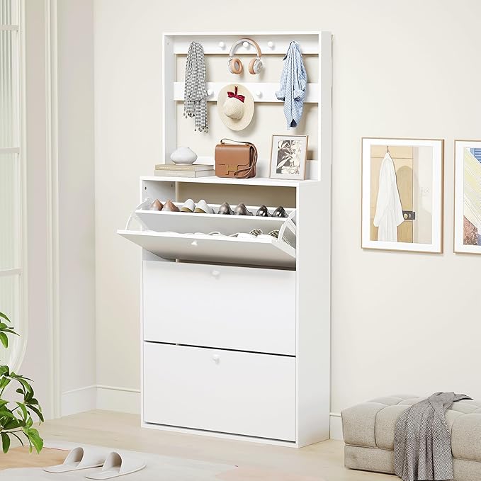 Shoe Cabinet Set of 2 with 3 Flip Drawers, Narrow Shoe Cabinet with 9 Hooks Coat Rack, Freestanding Shoes Storage Cabinets with Adjustable Shelves for Entryway, Hallway, Living Room, White-Ruum Studio Home