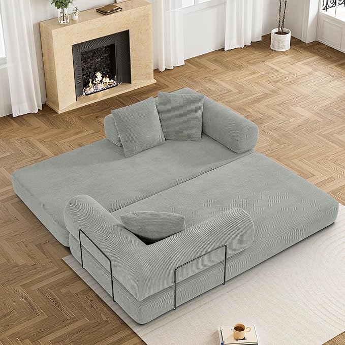 Convertible Sleeper Sofa Bed with Pillow, 4-in-1 Corduroy Folding Mattress Couch with Fixed-Shape Frame, Futon Fold Out Floor Sofa Cama Lounge Couch for Living Room Bedroom, Light Grey-Ruum Studio Home