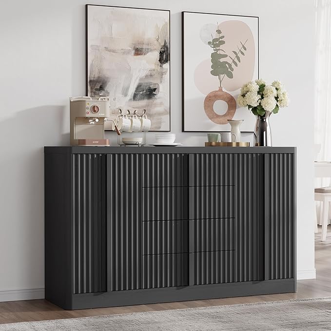 Buffet Cabinet with Storage, 60" Fluted Coffee Bar with 4 Drawers & 2 Doors, Modern Sideboard Buffet with Solid Wood Handle, Credenza Storage Cabinet for Living Room Kitchen Dining Room, Black(1PCS)-Ruum Studio Home