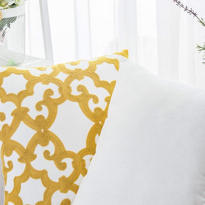 HWY 50 Mustard Yellow Decorative Throw Pillow Covers 18x18 Inch (1 Piece), Embroidered Cotton Farmhouse Cushion Cover Pillow Case for Sofa Couch Living Room Bed, Geometric-Ruum Studio Home