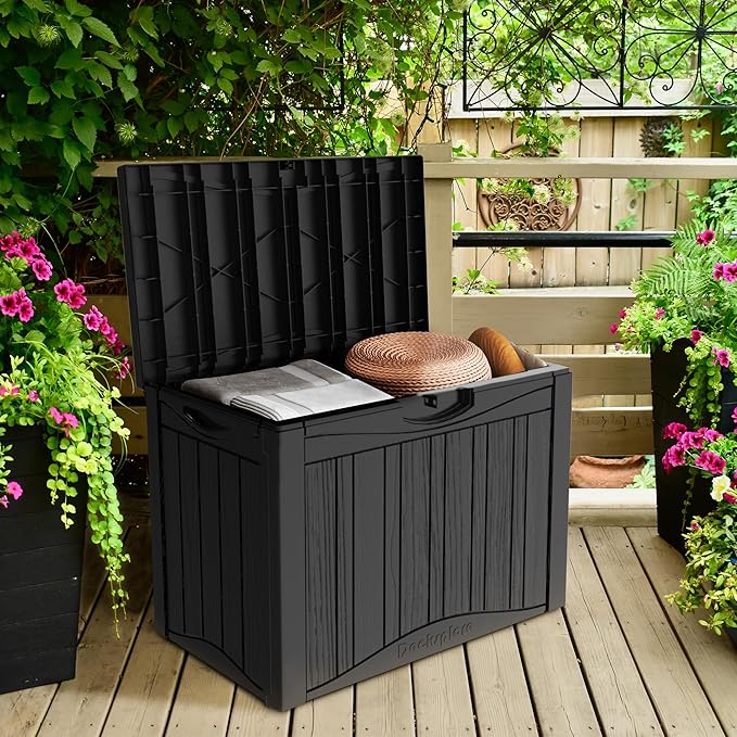 50 Gallon Lockable Resin Deck Box, Waterproof & UV-Resistant Outdoor Storage Box for Outdoor Cushion Storage, Garden Tools & Pool Accessories Storage, Black-Ruum Studio Home
