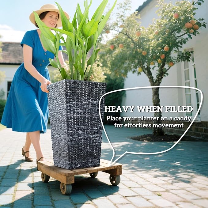 Outsunny Tall Planters for Outdoor Plants Set of 3, 24 in Taper Planters with Drainage Holes, Rattan Decor Plant Pots for Indoor Outdoor Front Porch Patio Backyard, Gray-Ruum Studio Home