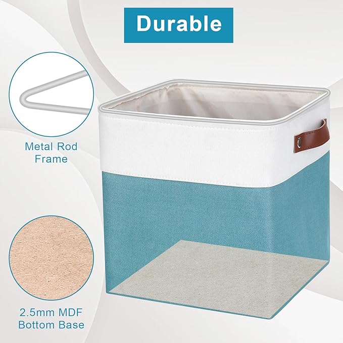 Collapsible Fabric Storage Cubes 11x11 Cube Storage Bins, 4 Pack Closet Baskets Box with Handles for Organizing, Shelf, Toys, Clothes, Home, Office, Nursery (Teal&White)-Ruum Studio Home