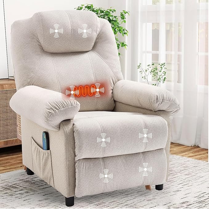 KCREAM Massage Chair Recliner with Heating,Recliner Chair for Adults,Small Recliners for Small Spaces Overstuffed Reclining Chairs Single Sofa Recliners with Side Pocket for Living Room,Fabric Beige-Ruum Studio Home