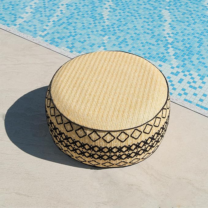 Outdoor Inflatable Ottoman with Air Pump, Embroidery Patio Footrest Stool D21”x H9”, Round Pouf Ottoman with Portable Handle Suitable for Garden, Camping, Bedroom, Living Room-Ruum Studio Home