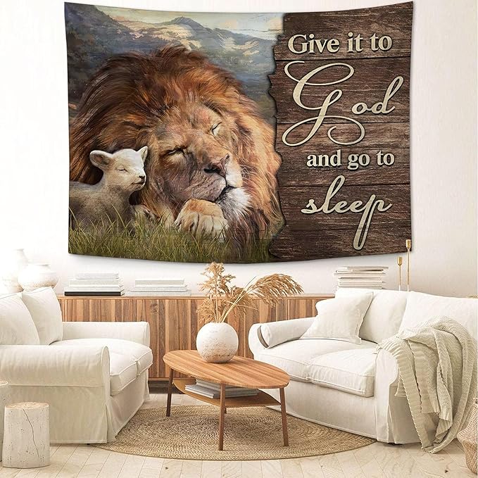 yowecso Lion and Lamb Tapestry Give It To God And Go To Sleep Tapestry Wall Hanging for Bedroom Christian Religious Tapestries Aesthetic Wall Decor for Home Dorm Living Room 50"x60"-Ruum Studio Home