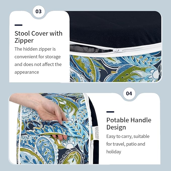 Inflatable Ottoman Stool D31 xH14 for Outdoor/Indoor Use, Water Repellent Patio Foot Rest with Portable Handle,Round Pouf Ottoman Suitable for Garden,Deck and Camping - Paisley Lapis Green-Ruum Studio Home