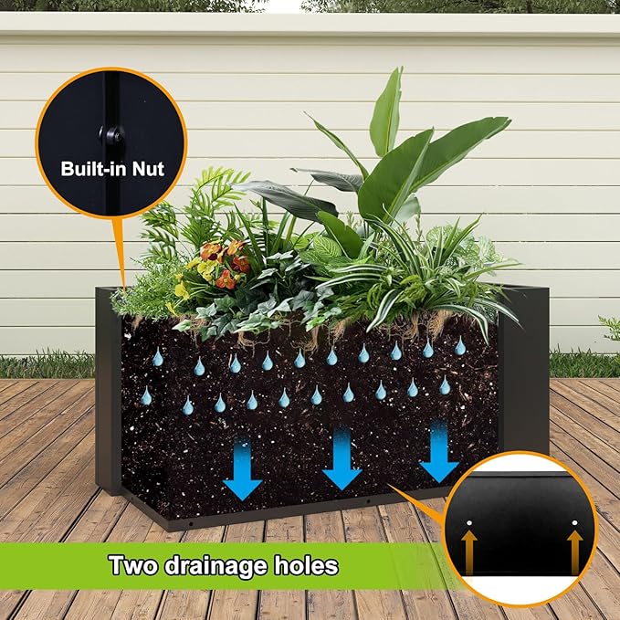 Galvanized Steel Planter Black Metal Outdoor Planter Powder Coated 32" x 12" x 16" Pot Metallic Heavy Pot Indoor & Outdoor, Commercial & Residential (L32 x W12 x D16, Black)-Ruum Studio Home