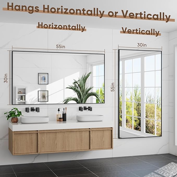 Bathroom Mirror 55" x 30", Large Rectangle Wall Mirror, Black Metal Frame Wall Mounted Mirrors for Bathroom, Vanity, Bedroom, Entryway Decor(Horizontal/Vertical)-Ruum Studio Home