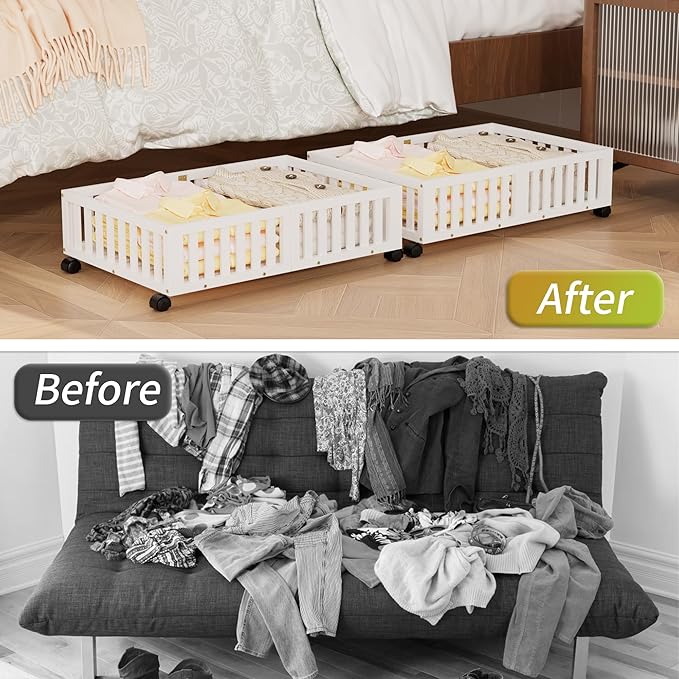 Bamboo Under Bed Storage with Wheels (2-Pack) – Rolling Underbed Shoe Organizer Box for Shoes, Blankets, Toys, Clothes Container Space-Saving Organizer Bins for Bedroom, Closet, Dorm, Nursery-Ruum Studio Home