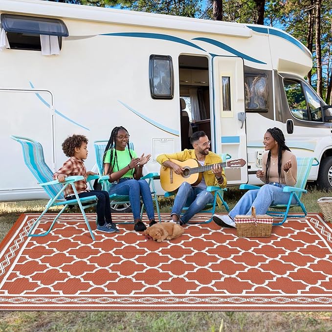 GAOMON Reversible Outdoor Rug 9'x18' Waterproof Plastic Straw Rug, Patio Rug, Large Modern Area Rug Carpet, Indoor Outdoor Rugs for Camping, Porch, Deck, Balcony, Backyard, Orange/White(Geometric)-Ruum Studio Home