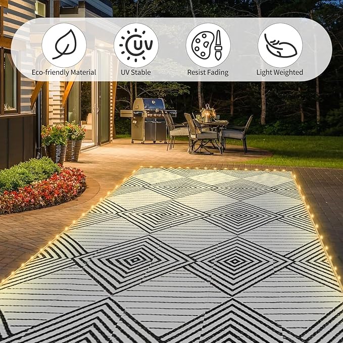8x10ft Waterproof Outdoor Rug with LED Lights, Foldable Reversible Plastic Straw Mat for Patio RV Camping Picnic Balcony Beach Deck Indoor Outdoor Carpet, Black&White-Ruum Studio Home