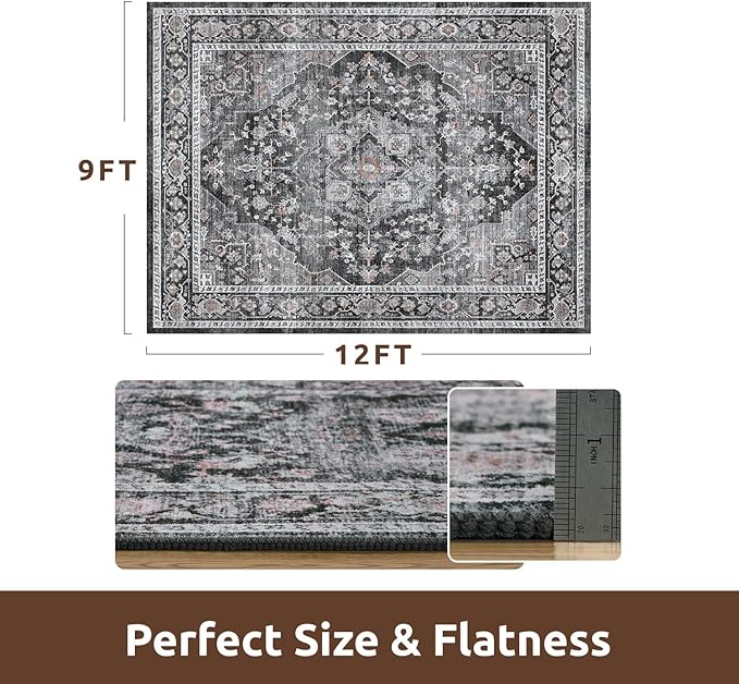 AMOAMI-Area Rug 9X12 Rugs for Living Room-Vintage Soft Black Rugs for Bedroom-Non Slip Carpet-Washable Rug for Dining Room Living Room Bedroom Office Under Table,Dark Grey & Black-Ruum Studio Home