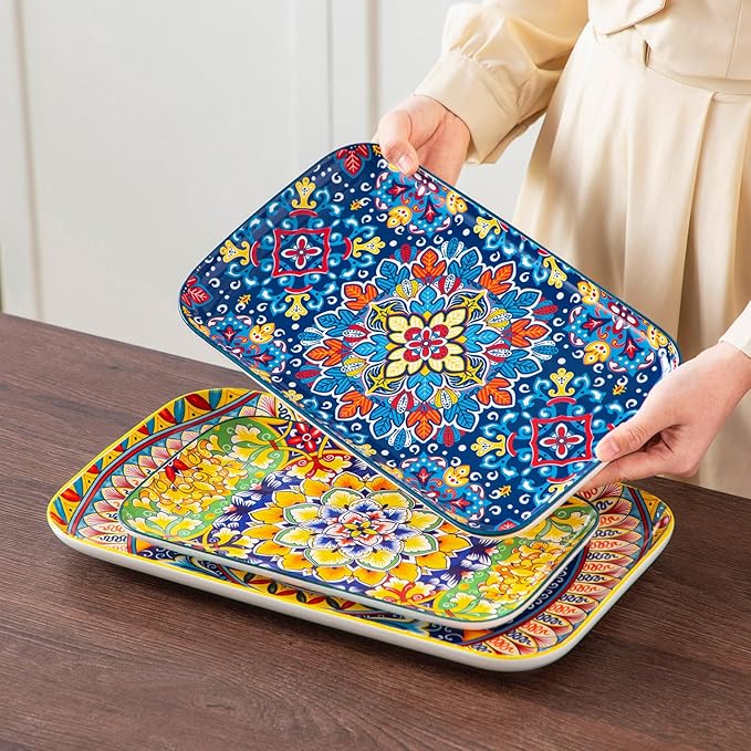 vancasso Serving Platters Set of 3, 16"/14"/12" Inch Rectangular Trays - Serving Platter Extra Large, Bohemian Ceramic Serving Dish for Entertaining Food, Microwave & Dishwasher Safe, Vintage-Ruum Studio Home