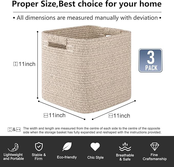 OIAHOMY Storage Cubes 11 Inch Storage Bins-3-Pack, Cotton Rope Woven Baskets for Organizing, Square Storage Baskets for Shelves Organizer, Classroom, Kids Toy Bins, Closet, Baby Nursery-Brown-Ruum Studio Home