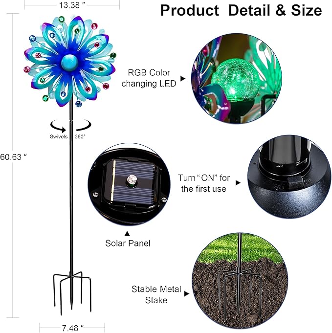 Solar Wind Spinners, 60.63" Outdoor Metal Stake Yard Wind Sculpture,Solar Powered Multi-Color LED Glass Ball with Kinetic Wind Spinners for Yard and Garden Lawn Patio Decor-Ruum Studio Home