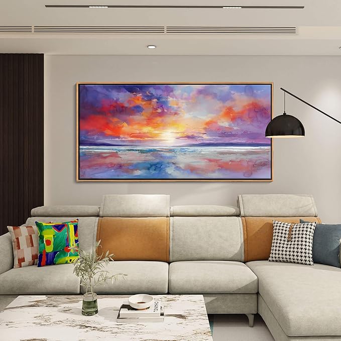 DUNHUANG ART Vibrant Ocean Sunset Canvas Wall Art - Beach Decor & Sunrise Poster - Red Scenery Poster for Living Room & Bathroom - 24"x48"-Ruum Studio Home