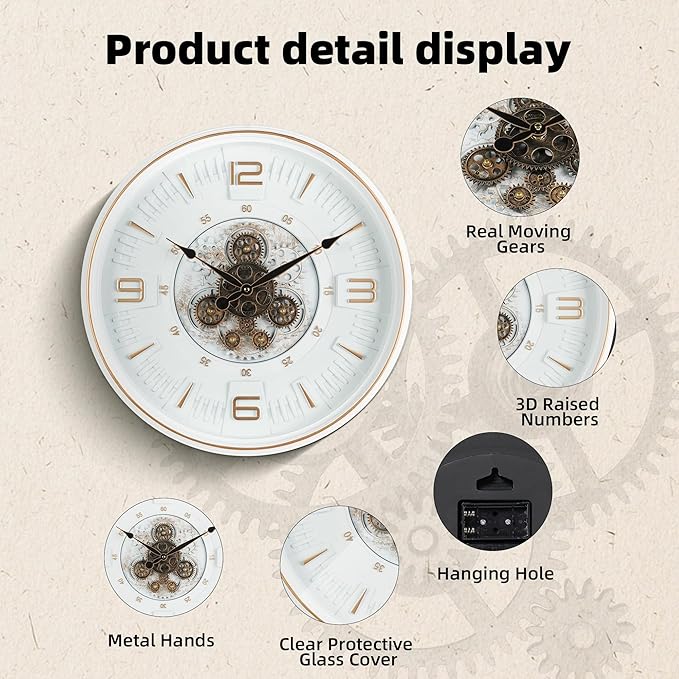 Maxstar Large Vintage Moving Gear Wall Clock, 20''Battery Operated Industrial Steampunk Metal Decor for Living Room, Office,Fireplace, Farmhouse(Arabic Number-Platinum Coating)-Ruum Studio Home