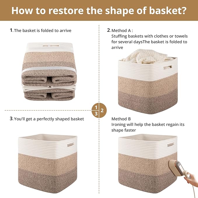 OIAHOMY 13 Kallax Inch Cube Storage Bins, 3-Pack Cotton Rope Woven Baskets for Organizing, Kallax Insert Storage Baskets for Shelves, Baby Nursery, Closet Organizer, 13*13*12.6IN, Gradient Brown-Ruum Studio Home