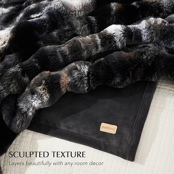 EVERGRACE Ultra Soft Luxury Fluffy Ridgeline Faux Rabbit Fur Bubble Throw Blanket, Thick Warm Fuzzy Throw for Bed, Cozy Plush Reversible Blanket for Couch,Charcoal Grey Heather, 50x60 Inches, 870 GSM-Ruum Studio Home
