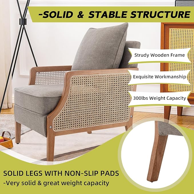 HAOBO Home Mid Century Modern Accent Chair Upholstered Living Room Chairs Armchair with Rattan Armrest Comfy Reading Chair with Wood Frame Lounge Side Chair with Waist Cushion Set of 2-Ruum Studio Home