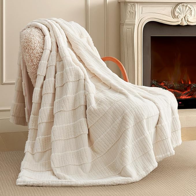 Amélie Home Luxury Striped Faux Fur Throw Blanket for Couch, Embossed Split Fur Cozy Fuzzy Fluffy Luxurious Soft Plush Sofa Chair Bed Gift Blankets for Women Men Wife Friend, 88"x90", Ivory-Ruum Studio Home